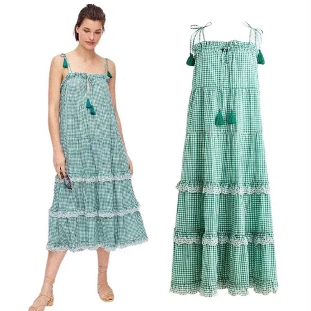 J. Crew Green Gingham White Embroidered Tiered Sleeveless Maxi Dress